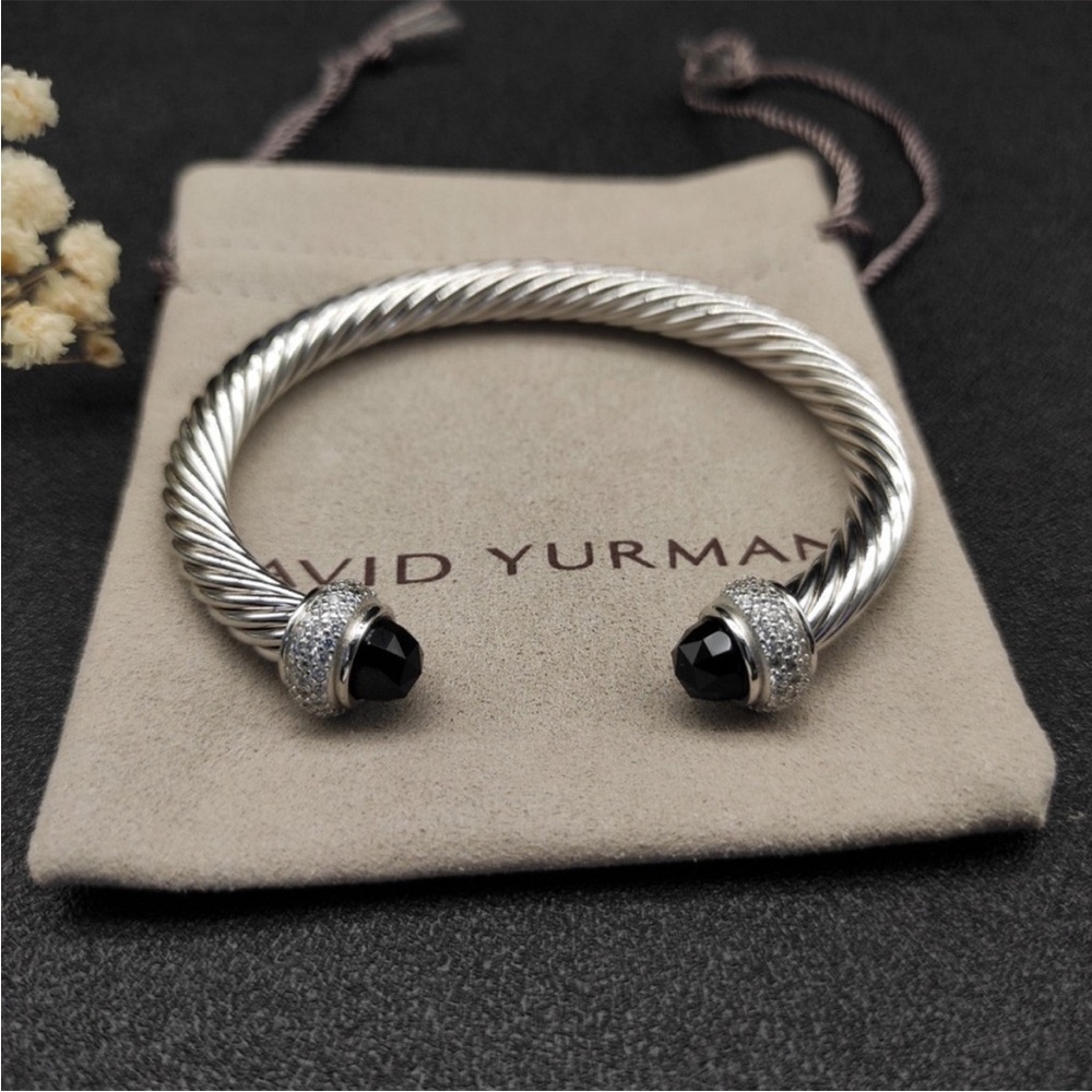 David Yurman Silver Cable Bracelet with Black Onyx Terminals 7mm